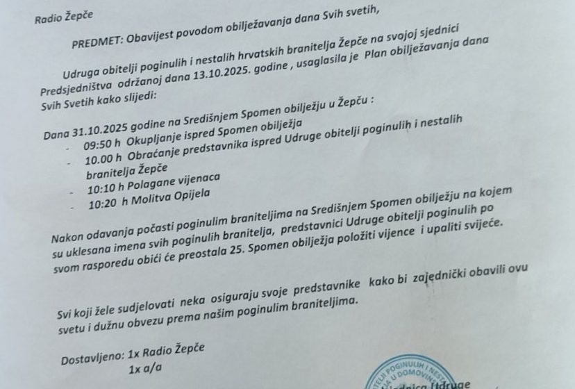 Obavijest povodom obilježavanja Svih svetih